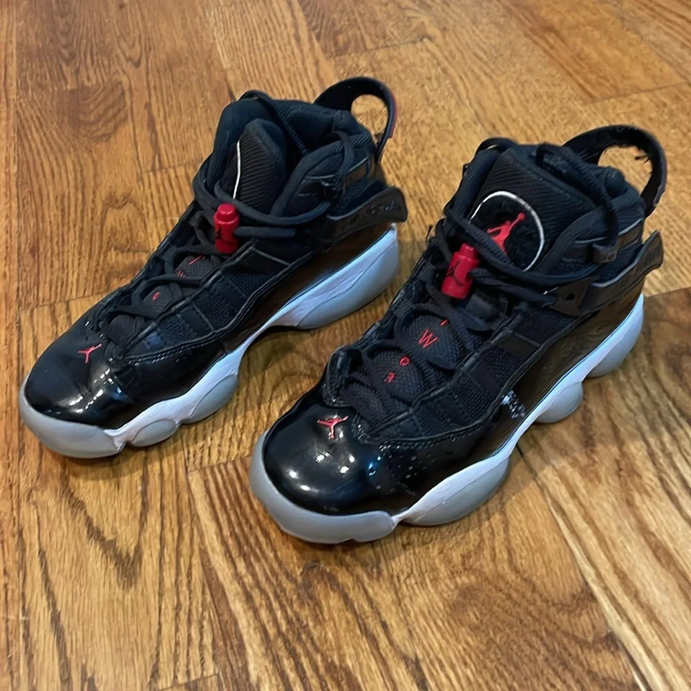 Jordan 6 Rings Black/Gym Red/White Sneakers. Size 3.5Y. Excellent Condition.